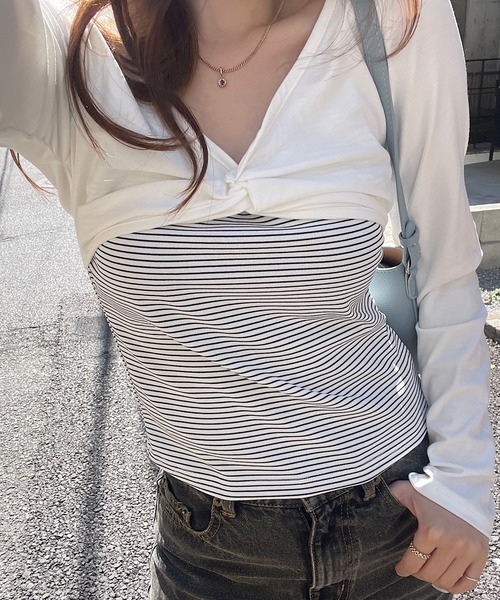 ROGER AND RAW(ロジャーアンドロウ)の「ショートボレロ ドッキングVネック長袖トップス(Tシャツ/カットソー・レディース・ライトブルー/ホワイト・FREE)」の16枚目の写真