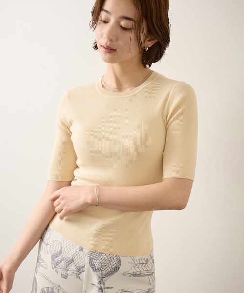 ROPE'（ロペ）の「コットンリブ5分袖ブルオーバー/イージーケア・二の腕カバー（ニット/セーター・レディース・ブラック/ベージュ/オレンジ・FREE）」の2枚目の写真