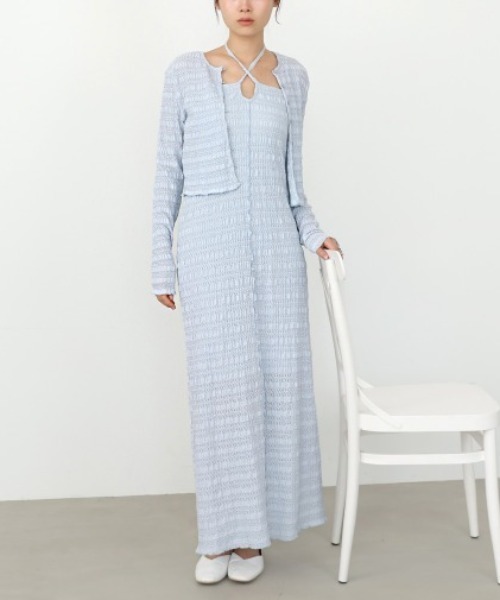 Bab(バブ)の「【選べるサイズ展開】配色メローカーディガン+ワンピースSET(ワンピース・レディース・ブラック/ブルー/アイボリー・MEDIUM/SMALL)」の3枚目の写真