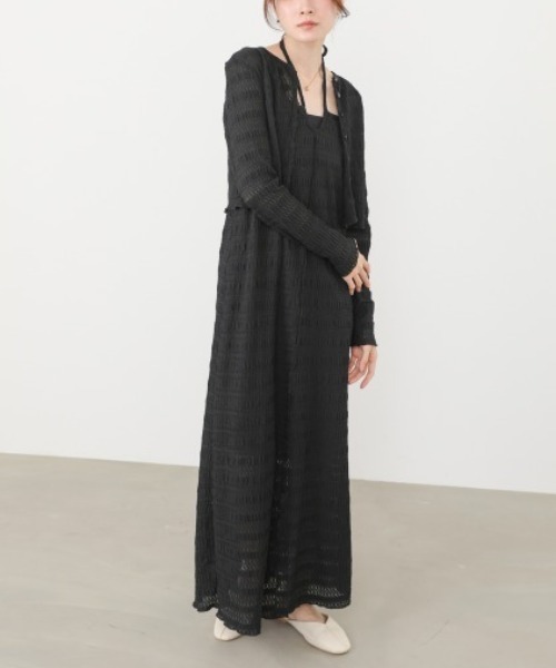 Bab(バブ)の「【選べるサイズ展開】配色メローカーディガン+ワンピースSET(ワンピース・レディース・ブラック/ブルー/アイボリー・MEDIUM/SMALL)」の1枚目の写真