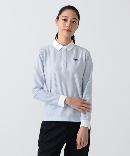 BEAMS GOLF(ビームスゴルフ)の「PURPLE LABEL / クレリック ロングスリーブ ポロシャツ(ポロシャツ・レディース・サックスブルー/ホワイト・L/S/M)」の2枚目の写真