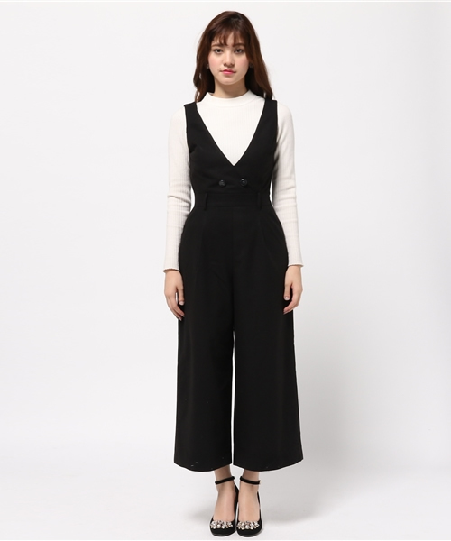 rienda（リエンダ）の「ダブルボタンワイドロンパース（つなぎ/オールインワン・レディース・ブラック/ベージュ・SMALL/MEDIUM）」の3枚目の写真