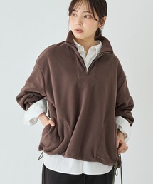 フリースハーフジッププルオーバー|裾ドロスト/スタンドカラー/ゆったり/体型カバー/大きいサイズ/洗える
