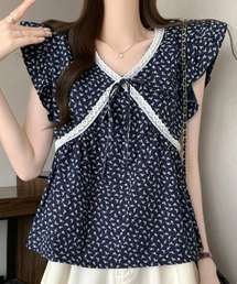 リボンタイ フリル フレンチスリーブ クロップドブラウス