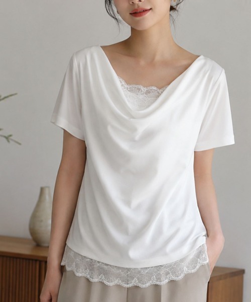 Human 2nd Occasion(ヒューマンセカンドオケージョン)の「ドレープカウルネックレース切替Tシャツ(Tシャツ/カットソー・レディース・オフホワイト/ブラック・M)」の2枚目の写真