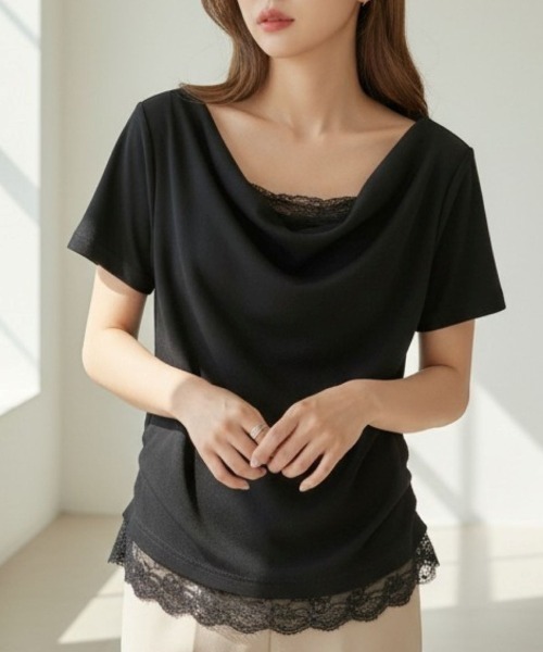 Human 2nd Occasion(ヒューマンセカンドオケージョン)の「ドレープカウルネックレース切替Tシャツ(Tシャツ/カットソー・レディース・オフホワイト/ブラック・M)」の4枚目の写真