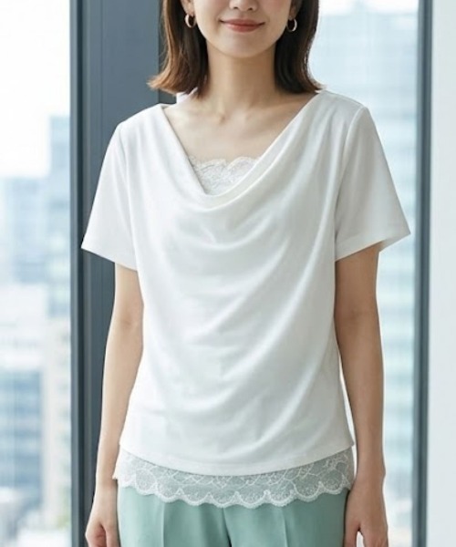 Human 2nd Occasion(ヒューマンセカンドオケージョン)の「ドレープカウルネックレース切替Tシャツ(Tシャツ/カットソー・レディース・オフホワイト/ブラック・M)」の7枚目の写真