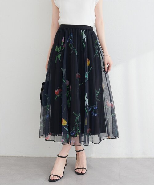 natural couture(ナチュラルクチュール)の「ナチュラルフラワープリントメッシュスカート(スカート・レディース・オフホワイト/ブラック・FREE)」の8枚目の写真
