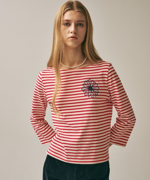 Mardi Mercredi(マルディメクルディ)の「SLIM TSHIRT 3/4 SLEEVE STRIPE / スリム Tシャツ 3/4 スリーブ ストライプ(Tシャツ/カットソー・レディース・ネイビー/ブルー/レッド/アイボリー・FREE)」の4枚目の写真