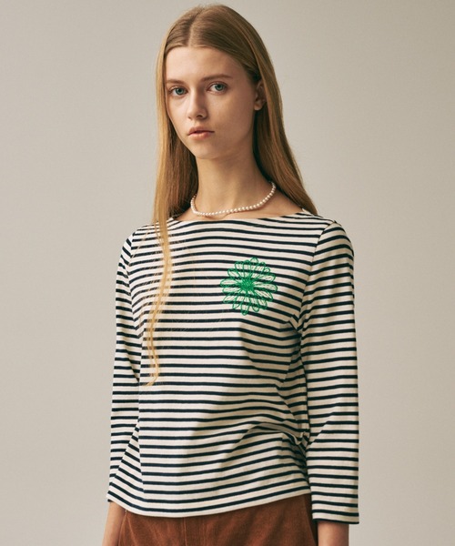 Mardi Mercredi(マルディメクルディ)の「SLIM TSHIRT 3/4 SLEEVE STRIPE / スリム Tシャツ 3/4 スリーブ ストライプ(Tシャツ/カットソー・レディース・ネイビー/ブルー/レッド/アイボリー・FREE)」の1枚目の写真