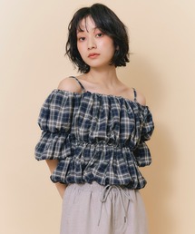 チェックプリントオフショルバルーンブラウス