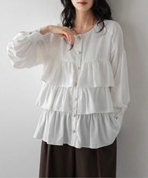 ティアードデザイン フレアブラウス/上品/ゴールドボタン
