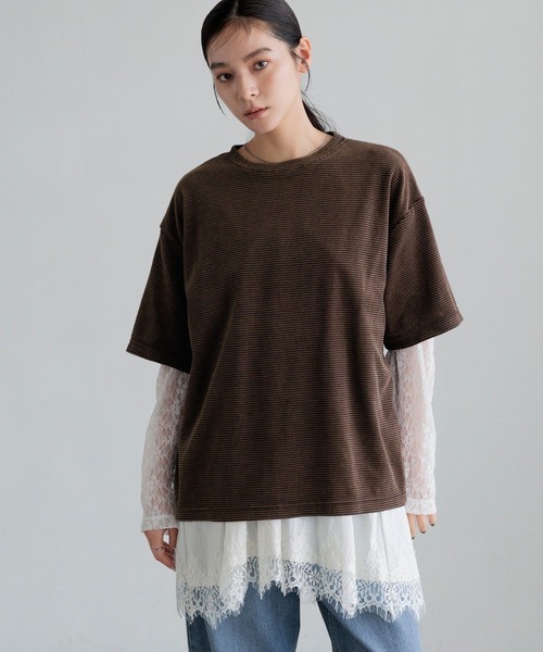 LOWRYS FARM(ローリーズファーム)の「ベロアレースレイヤードT 1063262(Tシャツ/カットソー・レディース・グリーン/ブラウン/ブラック・FREE)」の6枚目の写真