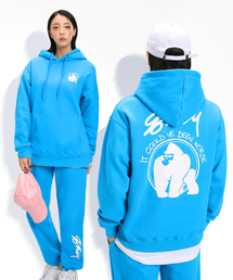 レタリングゴリラ起毛フードTシャツ - オーシャンブルー