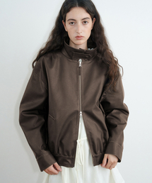 Shirred Leather Blouson Jacket (Brown)