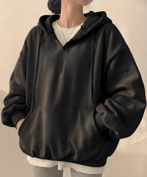 yuue' ( wear )(ユーイ)の「裏起毛オーバーサイズハーフジップパーカー/フーディー(パーカー・レディース・グレー/アイボリー/ブラック・FREE)」の2枚目の写真