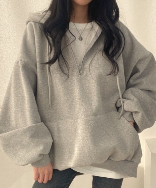 yuue' ( wear )(ユーイ)の「裏起毛オーバーサイズハーフジップパーカー/フーディー(パーカー・レディース・グレー/アイボリー/ブラック・FREE)」の18枚目の写真