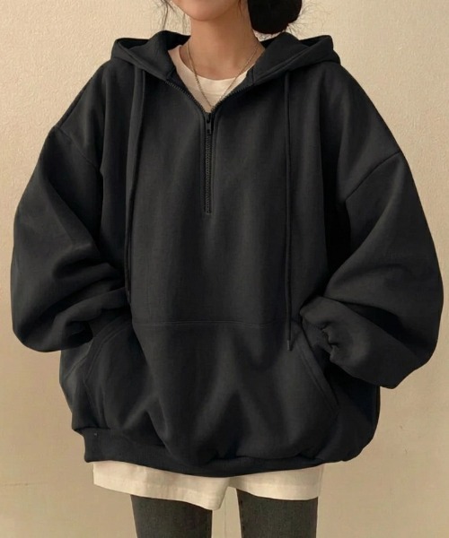 yuue' ( wear )(ユーイ)の「裏起毛オーバーサイズハーフジップパーカー/フーディー(パーカー・レディース・グレー/アイボリー/ブラック・FREE)」の14枚目の写真