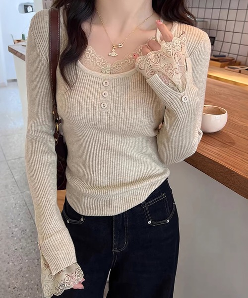 Doux Belle(ドゥーベル)の「レースレイヤード風リブニットプルオーバー(ニット/セーター・レディース・ブラック/ホワイト/ベージュ/オートミール/ダークグレー/イエロー・FREE)」の5枚目の写真
