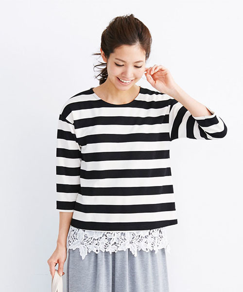 Live in comfort（リブインコンフォート）の「【２枚セット】リブ　イン　コンフォート　おでかけに便利な　のびやかカットソートップス＆豪華レースタンクトップセット　  （タンクトップ・レディース・ブラック×ホワイト/グレー/ネイビー・SMALL/LARGE/X-LARGE/MEDIUM/XX-LARGE）」の2枚目の写真