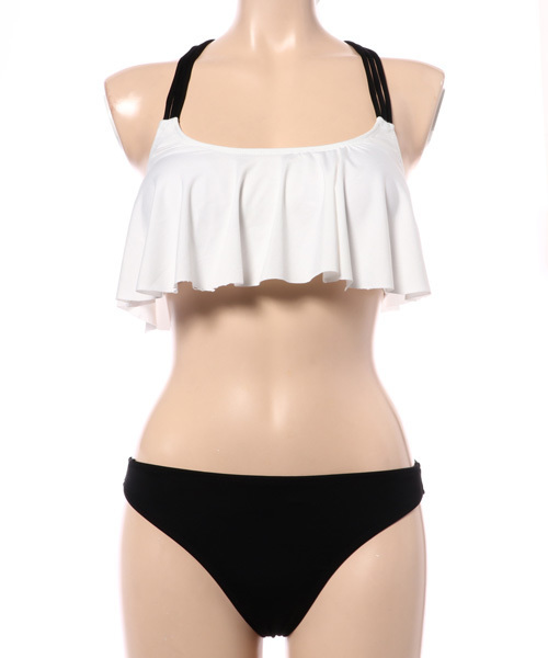 KOBE LETTUCE（コウベレタス）の「胸元フリルでボリュームUP♪[無地/パイナップル/トライバル柄]Yバックストラップフリルキャミビキニ/水着[S104]（水着・レディース・その他1/その他2/その他3/ピンク/オフホワイト/ブラック・ONE SIZE）」の2枚目の写真