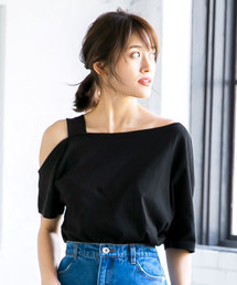 ワンショルダーデザインコットン半袖Tシャツ