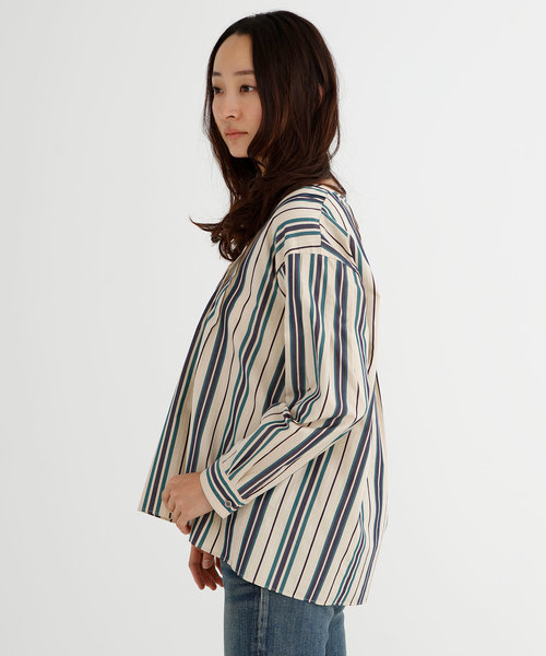 Munich(ミューニック)の「コットンキュプラストライプキーネックシャツ(シャツ/ブラウス・レディース・ベージュ/オフホワイト・FREE)」の5枚目の写真