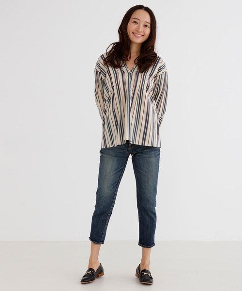 Munich(ミューニック)の「コットンキュプラストライプキーネックシャツ(シャツ/ブラウス・レディース・ベージュ/オフホワイト・FREE)」の9枚目の写真