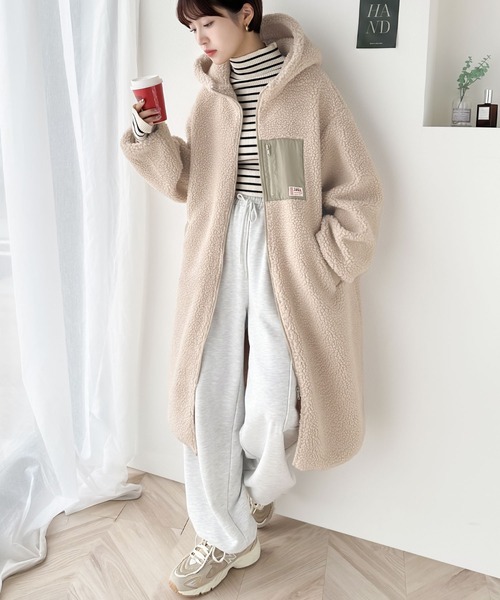 セール】もこもこボアに包まれて フーディージップアップロングコート