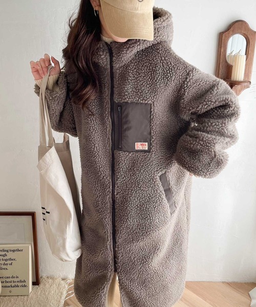 セール】もこもこボアに包まれて フーディージップアップロングコート