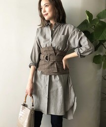 ラウンドカットヘムリネン混ロングシャツ