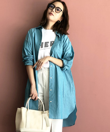 ラウンドカットヘムリネン混ロングシャツ