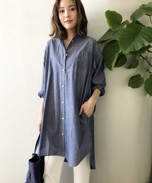 ラウンドカットヘムリネン混ロングシャツ