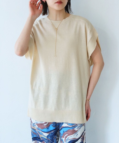 vingtrois(バントロア)の「【cheriella】リネン混チュニックニットベストプルオーバー(ニット/セーター・レディース・グリーン/イエロー系その他/グレイッシュベージュ/キナリ・M)」の1枚目の写真