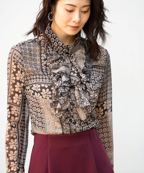 セール】シフォンフラワーボックスプリントフリル長袖ブラウス（シャツ