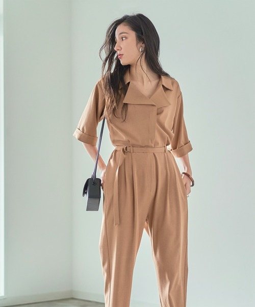 シャツスタイル オールインワン ベルト付き シャツオールインワン