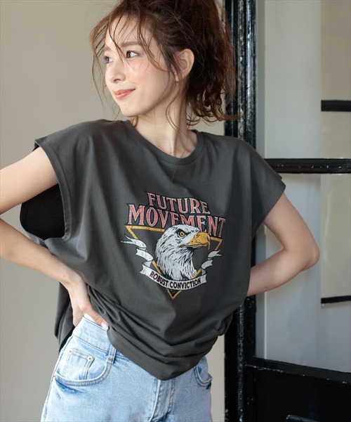 DONOBAN(ドノバン)の「イーグルフレンチスリーブTEE(Tシャツ/カットソー・レディース・ライトベージュ/チャコール・M)」の2枚目の写真