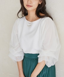 mysty woman | チュールタックスリーブ7分袖プルオーバー 216454(Tシャツ/カットソー)