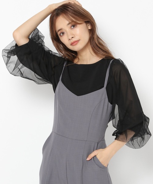 mysty woman（ミスティウーマン）の「チュールタックスリーブ7分袖プルオーバー 216454（Tシャツ/カットソー・レディース・オフホワイト/ブラック/ライトグレー/オレンジ系その他・FREE）」の3枚目の写真