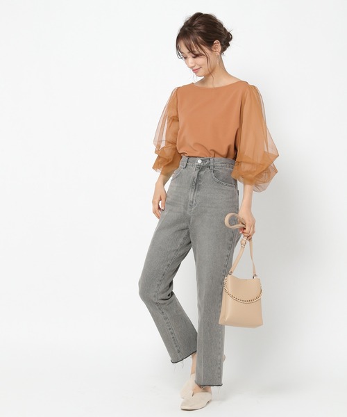 mysty woman（ミスティウーマン）の「チュールタックスリーブ7分袖プルオーバー 216454（Tシャツ/カットソー・レディース・オフホワイト/ブラック/ライトグレー/オレンジ系その他・FREE）」の5枚目の写真