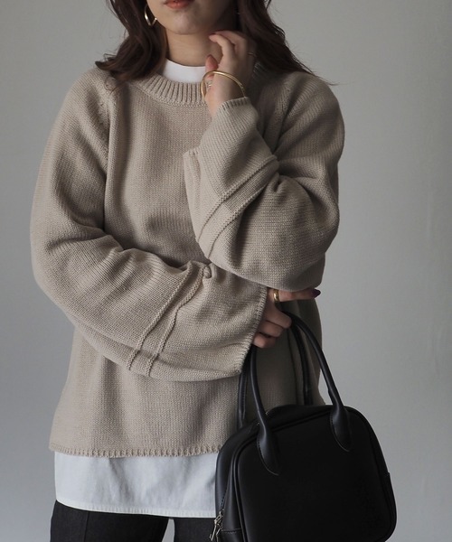 Riberry（リベリー）の「袖ライン編みニットプルオーバー（ニット/セーター・レディース・ブラック/ベージュ/オフホワイト/ライム/杢グレー・MEDIUM）」の4枚目の写真