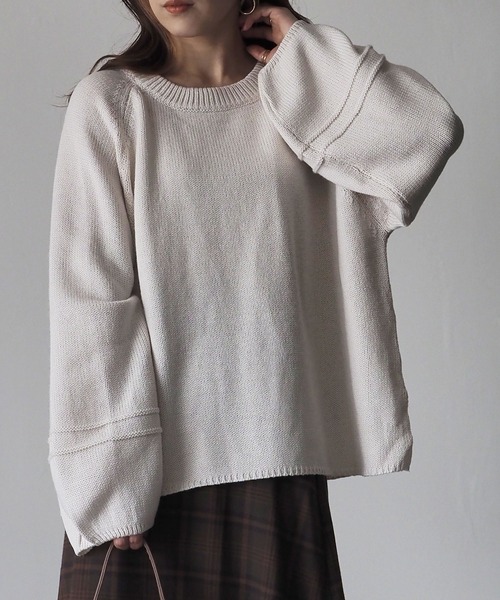 Riberry（リベリー）の「袖ライン編みニットプルオーバー（ニット/セーター・レディース・ブラック/ベージュ/オフホワイト/ライム/杢グレー・MEDIUM）」の11枚目の写真