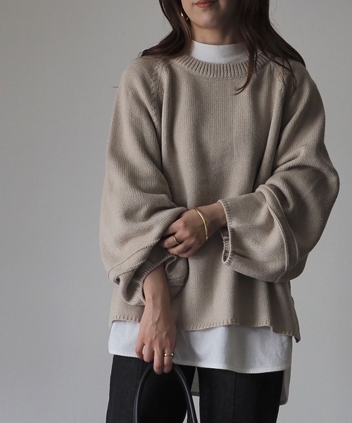 Riberry（リベリー）の「袖ライン編みニットプルオーバー（ニット/セーター・レディース・ブラック/ベージュ/オフホワイト/ライム/杢グレー・MEDIUM）」の8枚目の写真