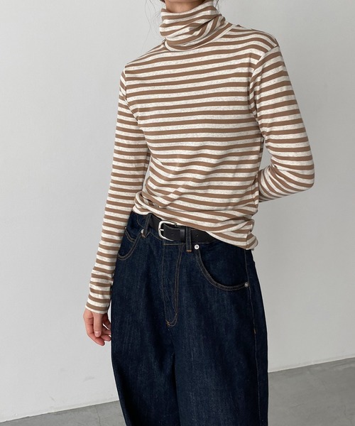 CANAL JEAN（キャナルジーン）の「harmonie -OrganicCotton-　フライスボーダータートルネック（Tシャツ/カットソー・レディース・チャコールグレー/ベージュ/ネイビー・ONE SIZE）」の3枚目の写真