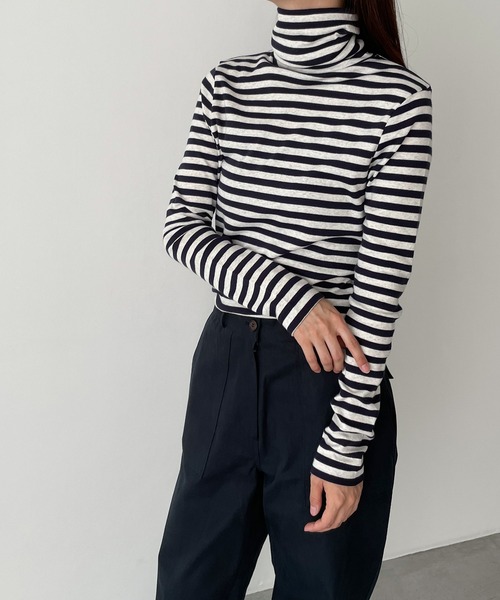 CANAL JEAN（キャナルジーン）の「harmonie -OrganicCotton-　フライスボーダータートルネック（Tシャツ/カットソー・レディース・チャコールグレー/ベージュ/ネイビー・ONE SIZE）」の10枚目の写真