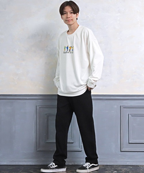 LUXSTYLE（ラグスタイル）の「イラスト刺繍スウェットビッグトレーナー（スウェット・メンズ・ベージュ/ブラック/グリーン/ホワイト・L/M）」の7枚目の写真