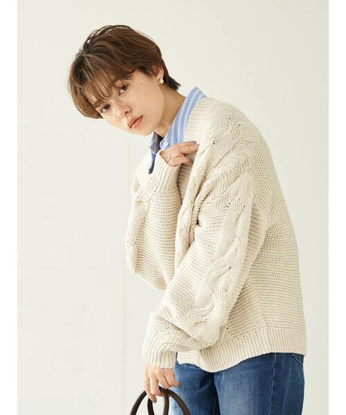 earth music&ecology(アースミュージックアンドエコロジー)の「デニム見えローゲージニットカーディガン*(カーディガン/ボレロ・レディース・オフホワイト/ダークブルー・FREE)」の5枚目の写真