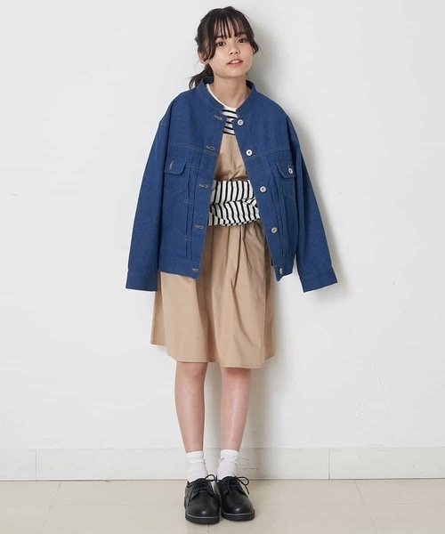 a.v.v（アーヴェヴェ）の「[100-130]【洗える/セットアップ対応】マオカラージージャン（デニムジャケット・キッズ・ライトパープル/ブルー・130/120）」の9枚目の写真