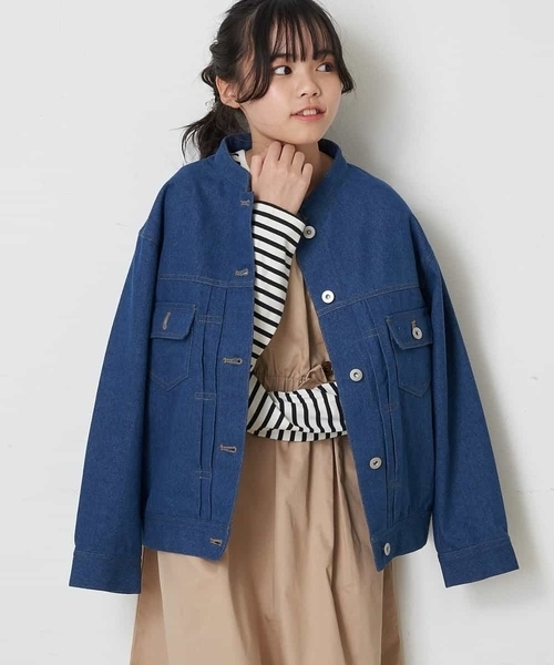 a.v.v（アーヴェヴェ）の「[100-130]【洗える/セットアップ対応】マオカラージージャン（デニムジャケット・キッズ・ライトパープル/ブルー・130/120）」の8枚目の写真