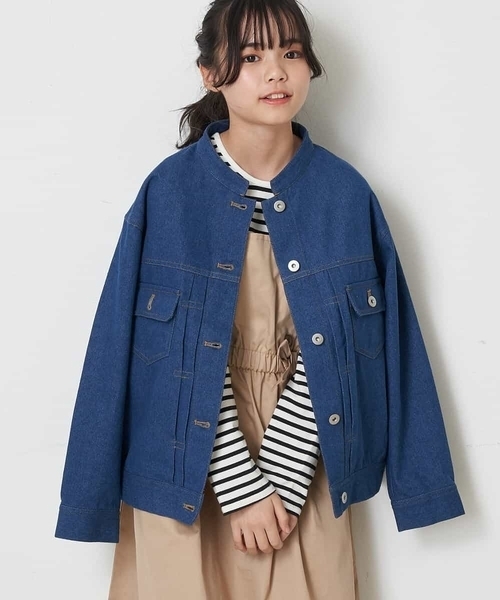 a.v.v（アーヴェヴェ）の「[100-130]【洗える/セットアップ対応】マオカラージージャン（デニムジャケット・キッズ・ライトパープル/ブルー・130/120）」の7枚目の写真